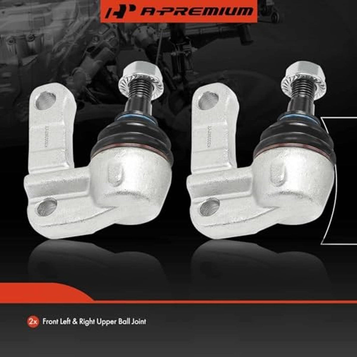 Front upper ball joint pair with silver arms and black boots, OEM-style shape