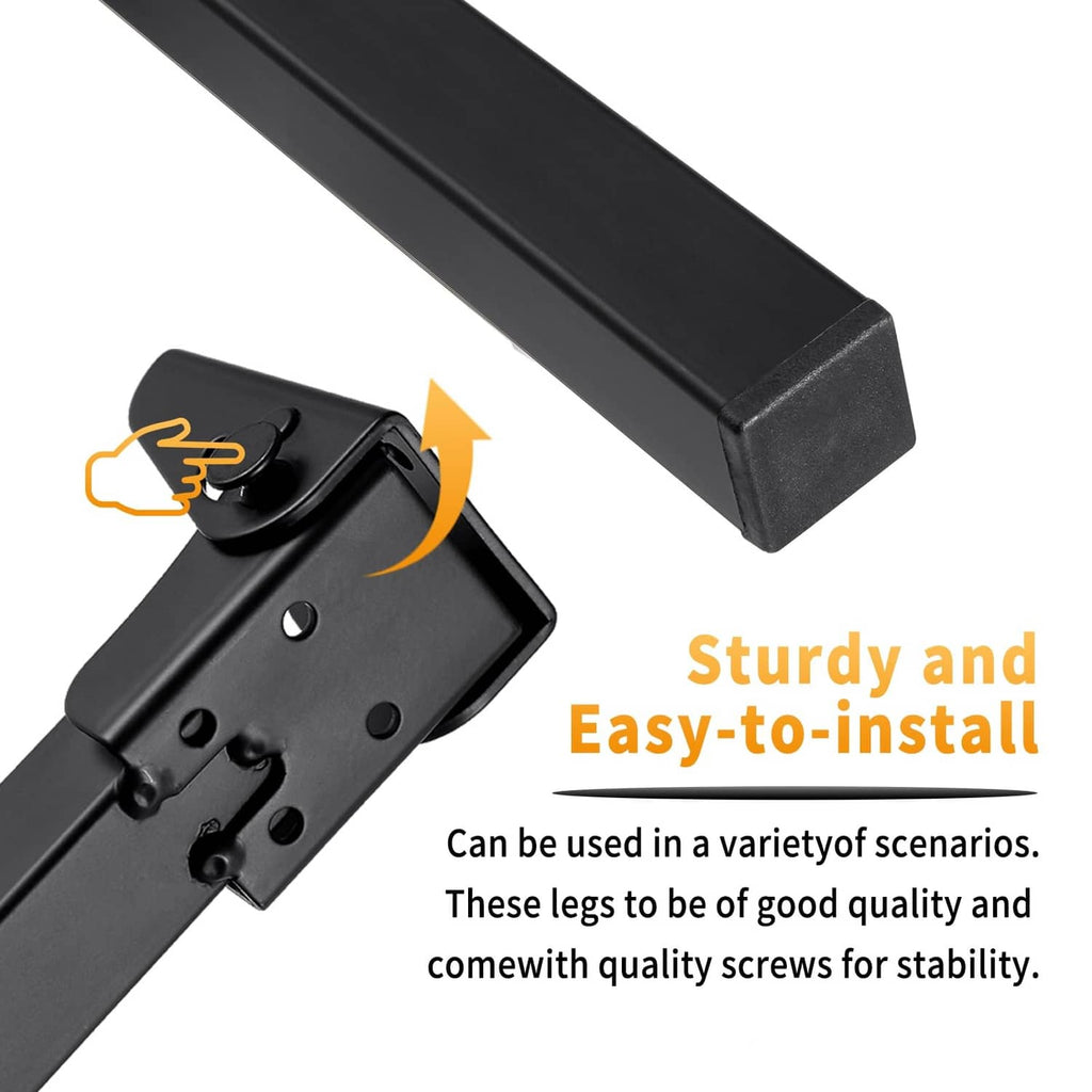 Black folding table leg with self-locking bracket and mounting holes, close-up