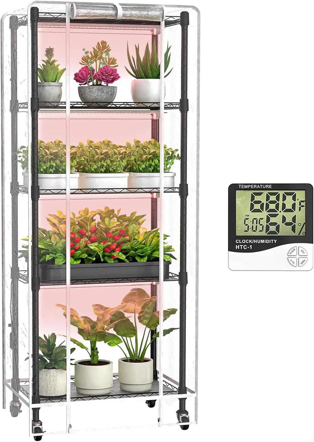 5-tier mini greenhouse with grow lights, clear cover, black frame, control panel display