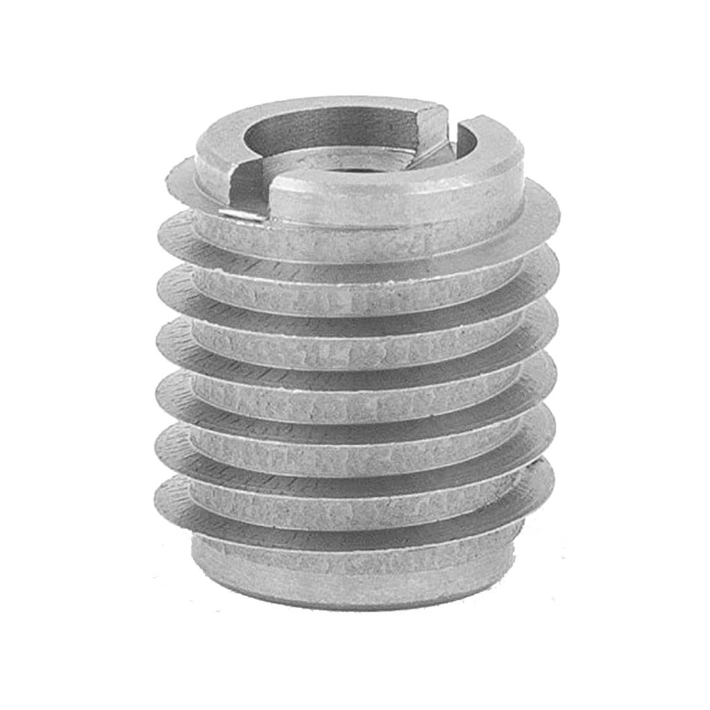 Stainless steel threaded insert with flanged spiral ridges and center hole