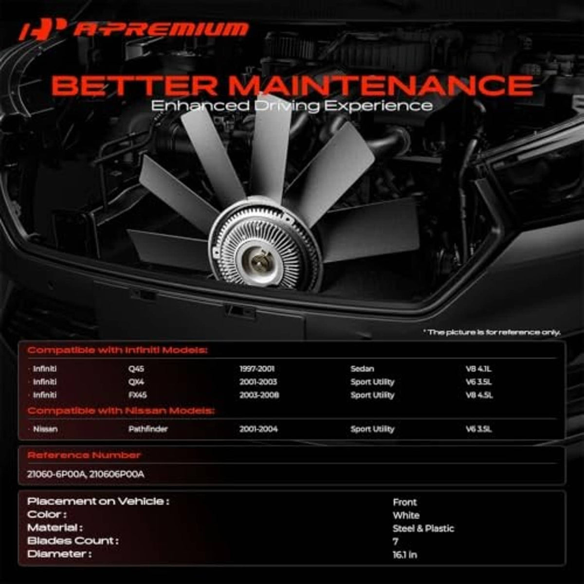 Engine cooling fan assembly with central hub and five blades inside radiator shroud