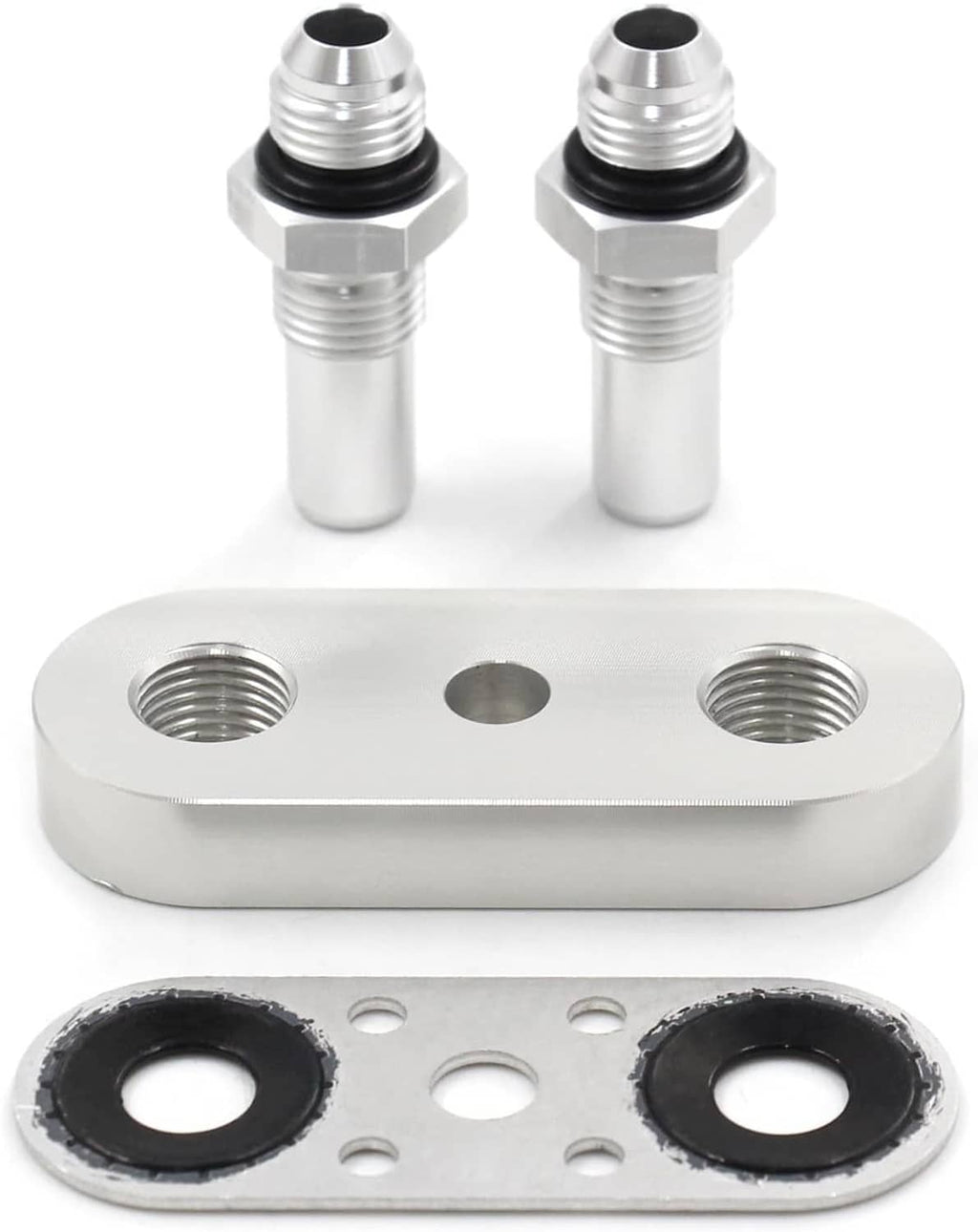 Transmission cooler line adapter plate with two 6AN fittings and black sealing rings