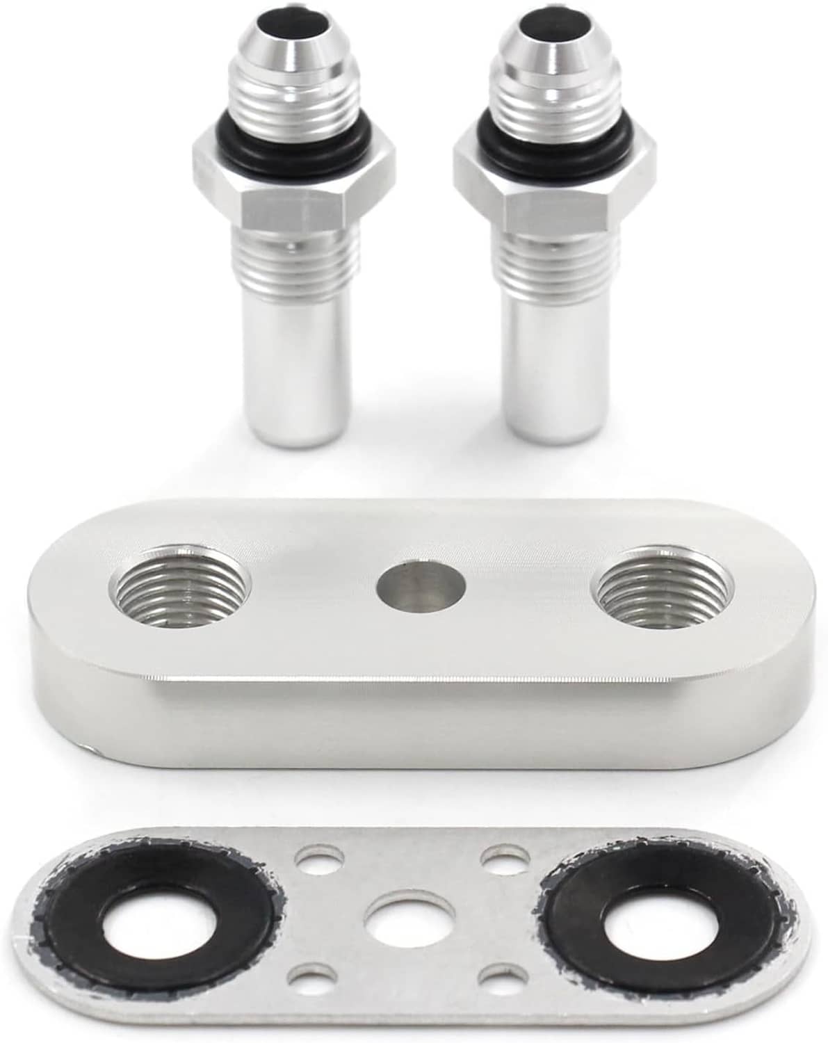 Transmission cooler line adapter plate with two 6AN fittings and black sealing rings