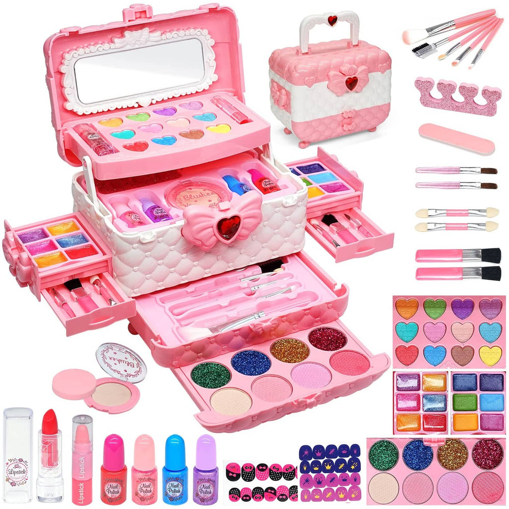 Pink kids makeup set with open case, heart details, palette, and brushes