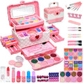 Pink kids makeup set with open case, heart details, palette, and brushes