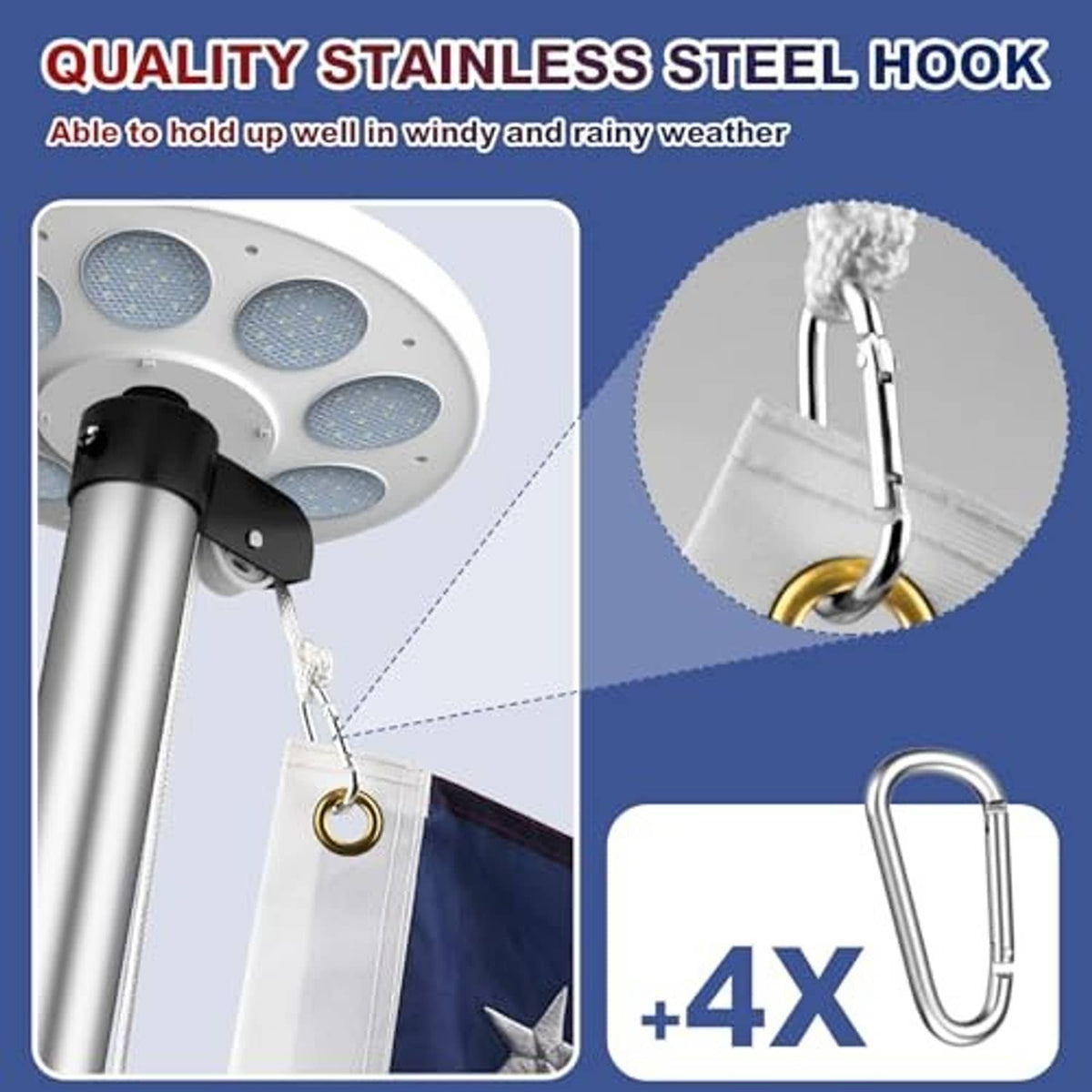 Stainless steel hook and solar light base for hanging a flag on a metal flagpole