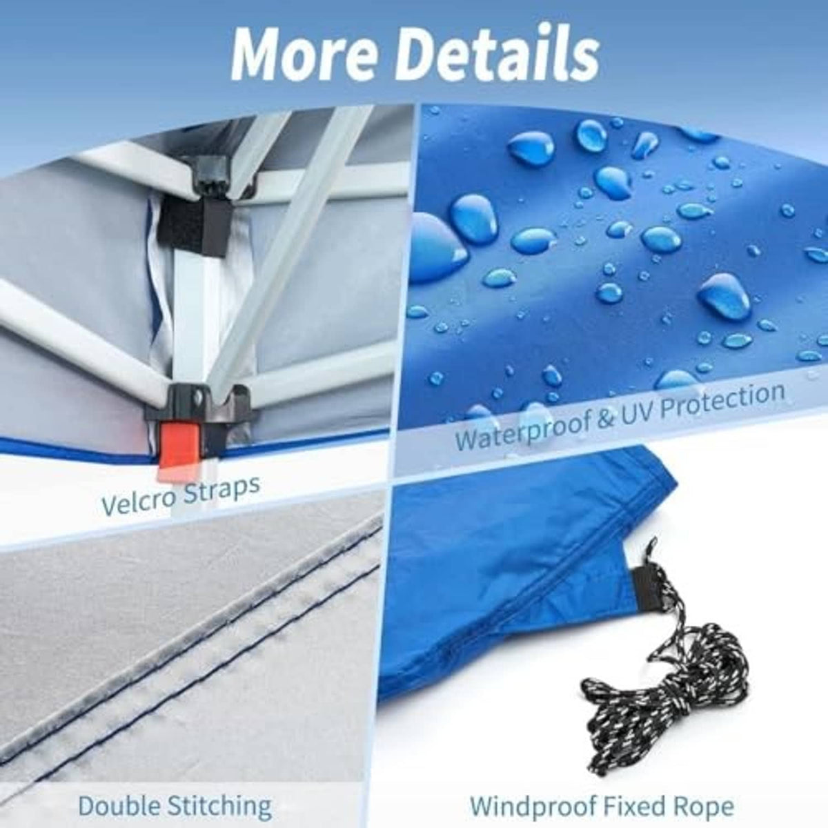 Royal blue replacement canopy top with Velcro straps, double stitching, and fixed rope