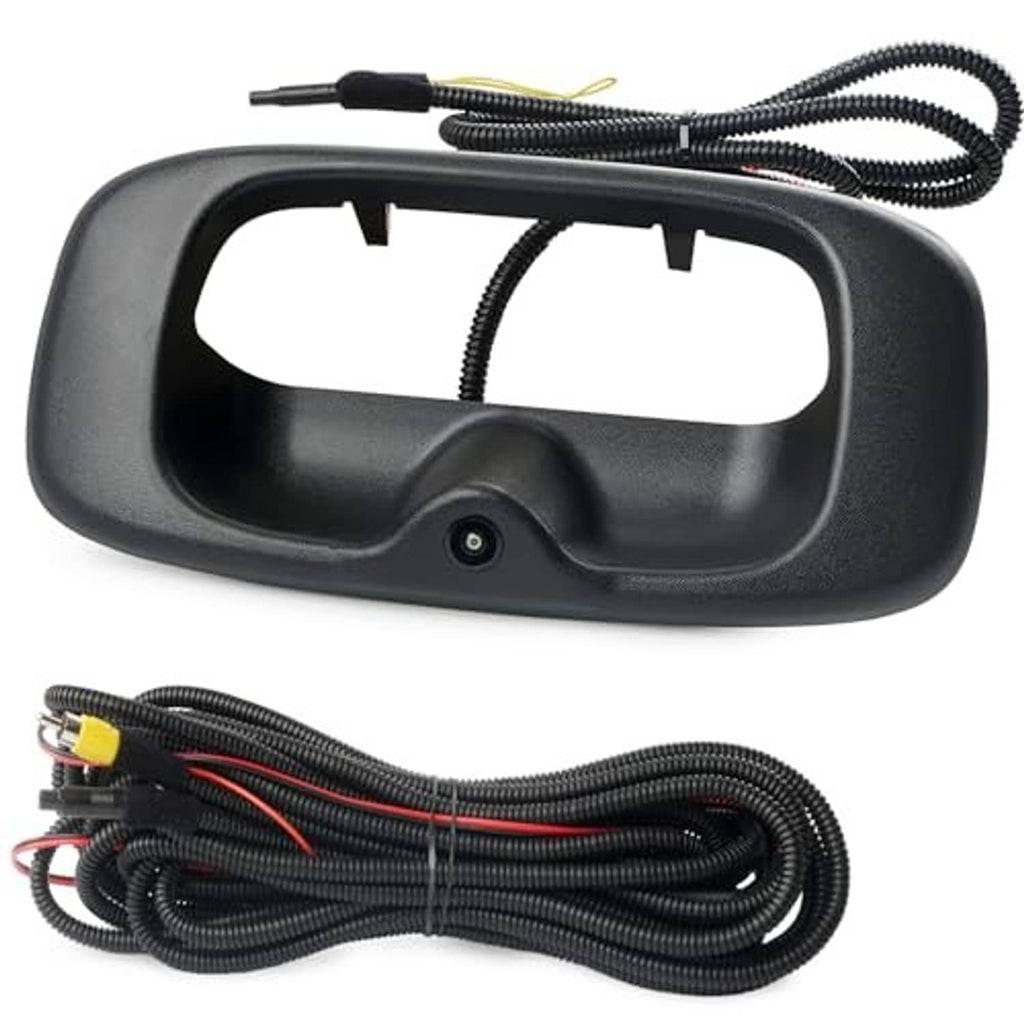Tailgate backup camera handle housing and coiled wiring harness, black