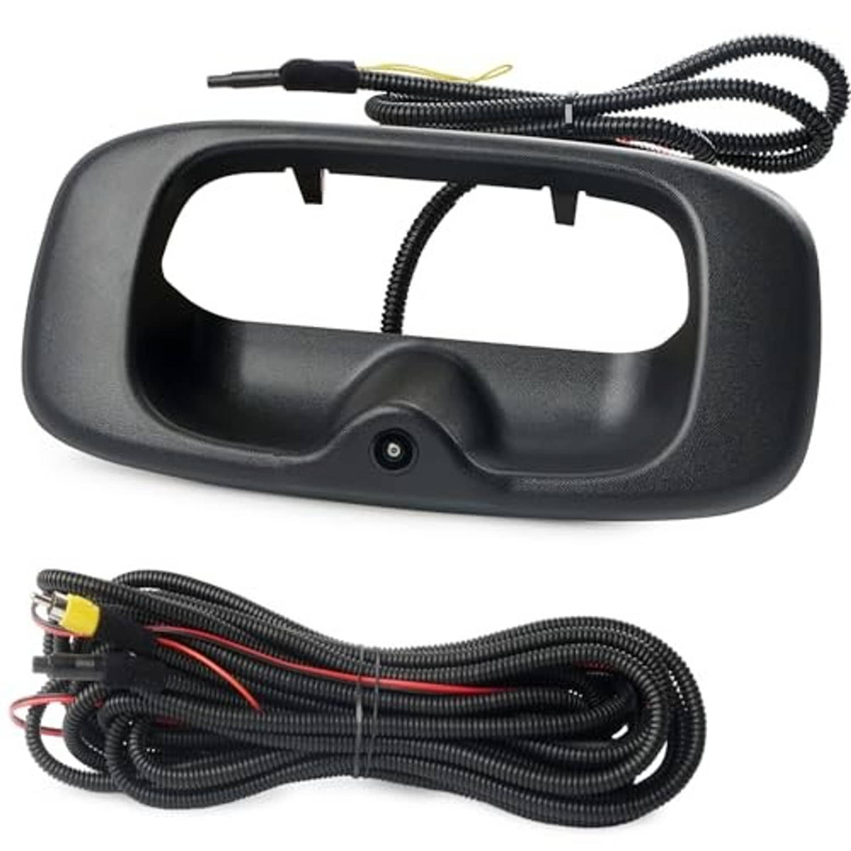Tailgate backup camera handle housing and coiled wiring harness, black