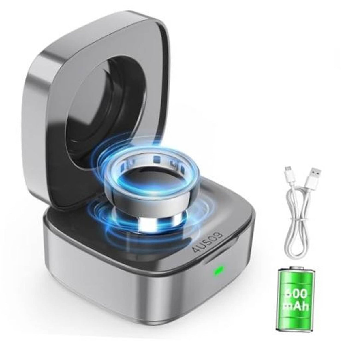 Metal wireless charging case with open lid, blue charging glow, USB cable and 600mAh icon