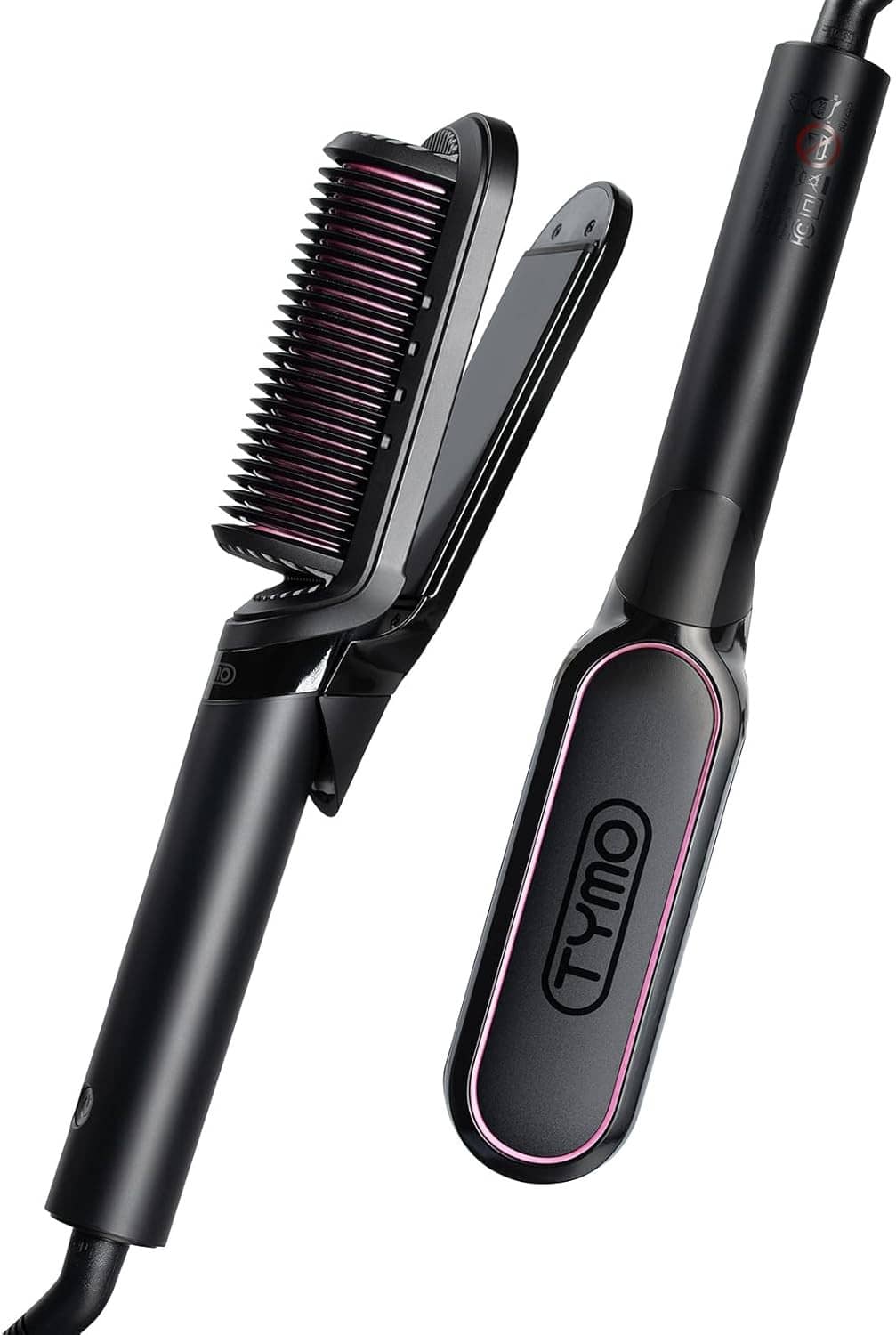 2-in-1 hair straightener brush and flat iron with black handle and comb bristles