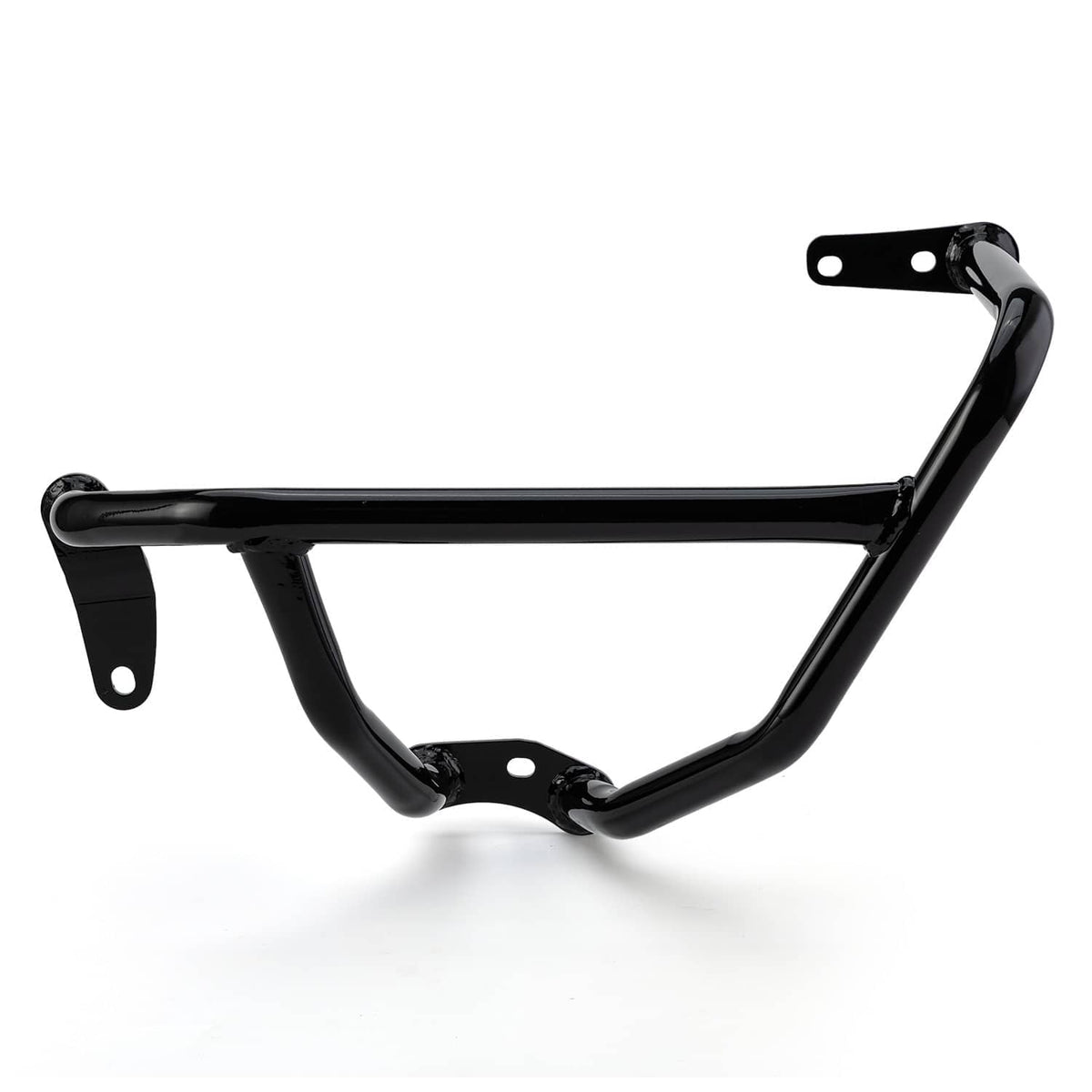 Black metal engine crash bar with curved tube and mounting brackets