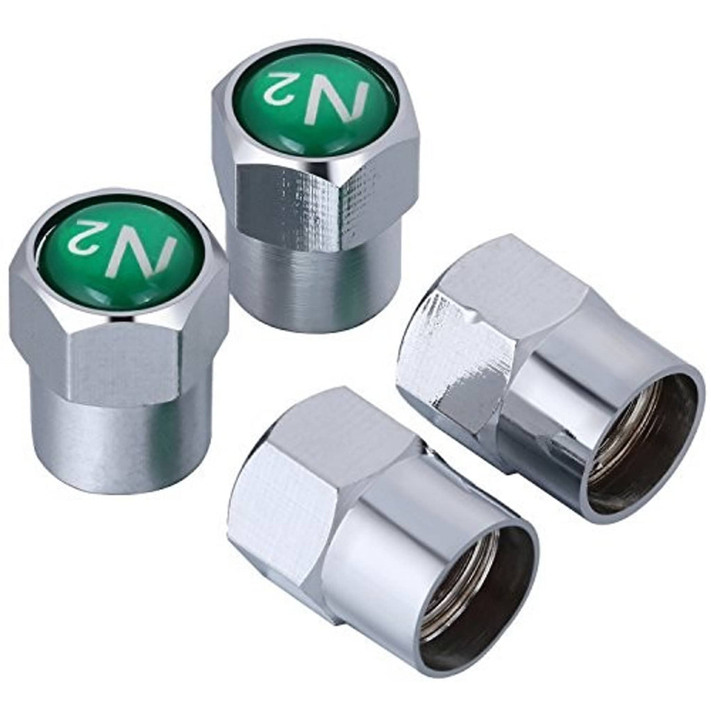 Silver metal tire valve stem caps with green N inserts, four-piece set