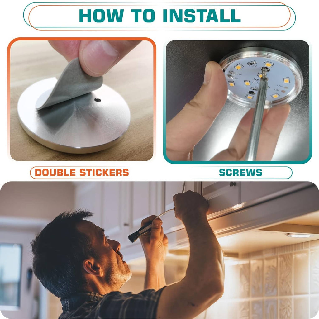 Round LED puck light being mounted with adhesive pad on a cabinet surface