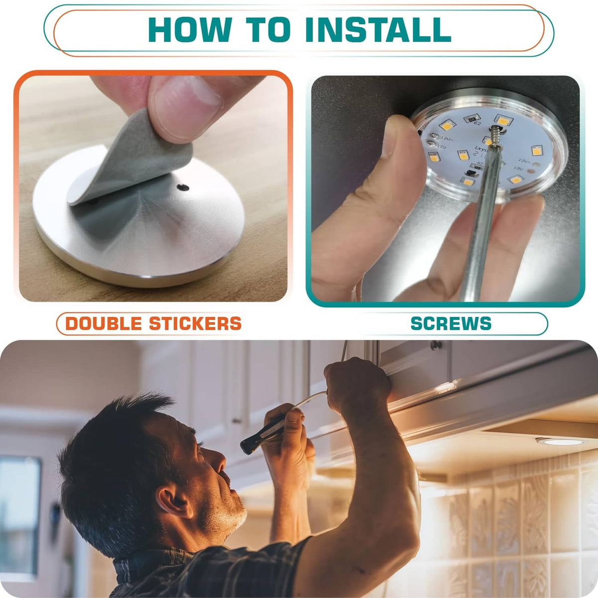 Round LED puck light being mounted with adhesive pad on a cabinet surface