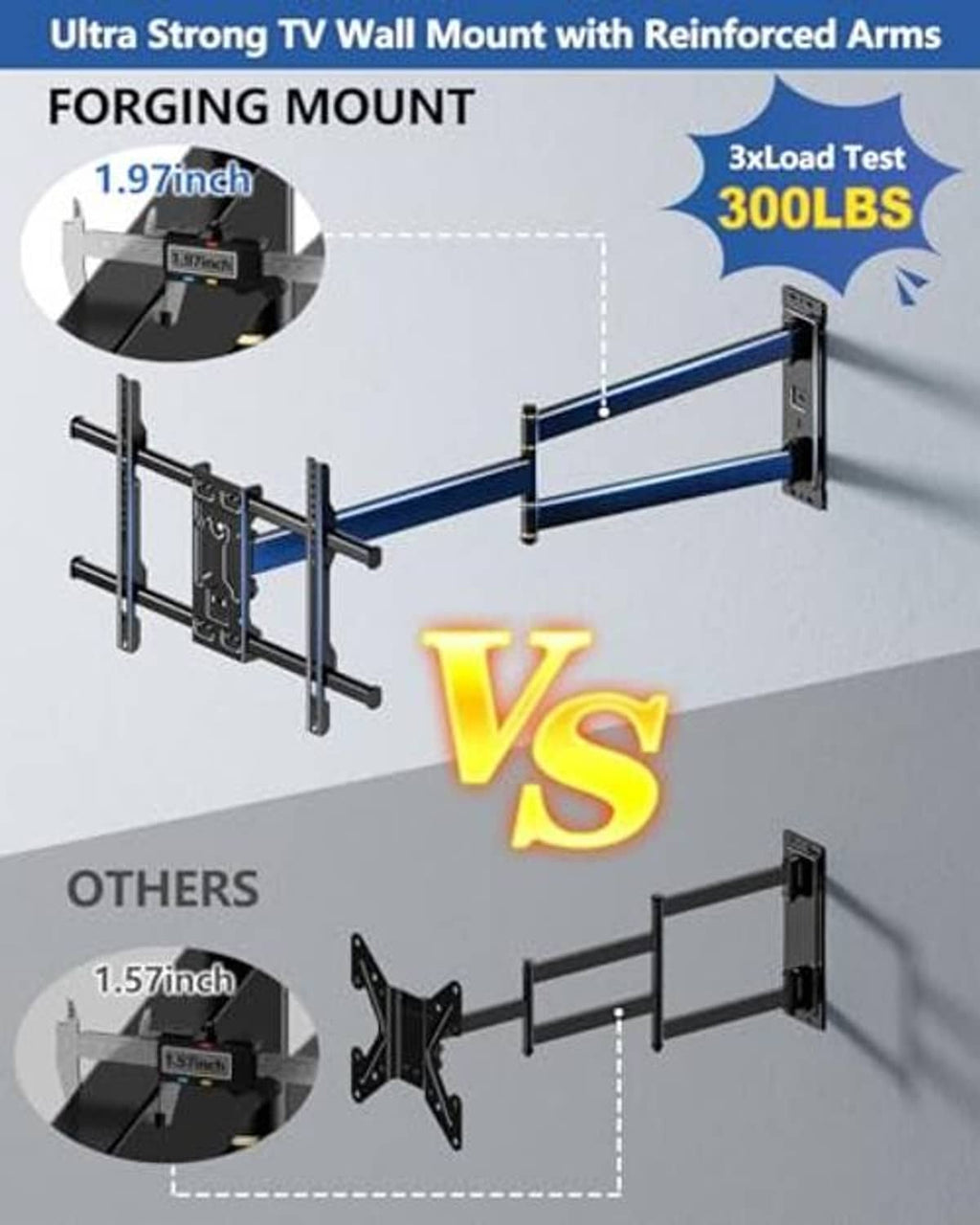 Reinforced TV wall mount with heavy-duty arms and secure mounting plates