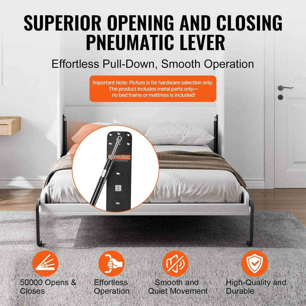 Murphy bed pneumatic lever mechanism with pull-down rod and mounting bracket