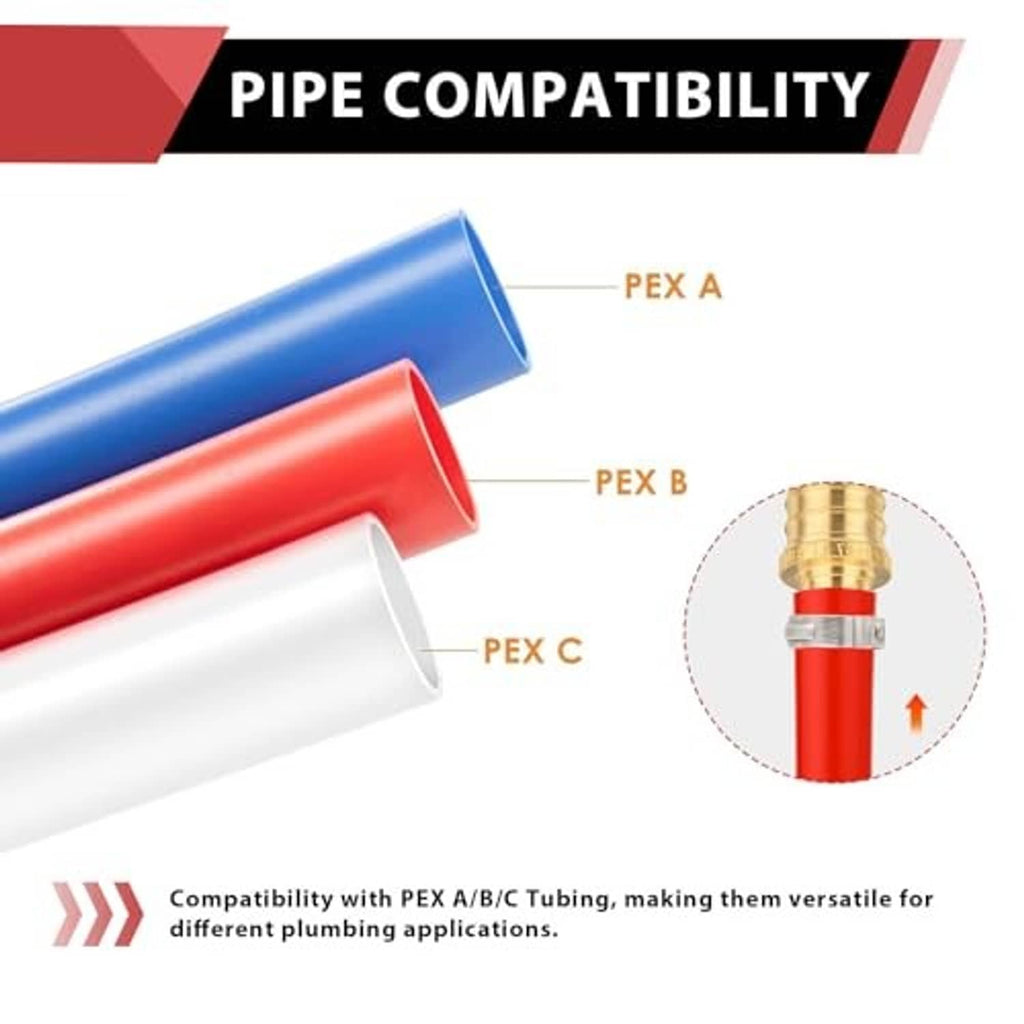 Brass 90-degree PEX elbow barb crimp fitting with PEX A/B/C compatibility graphic
