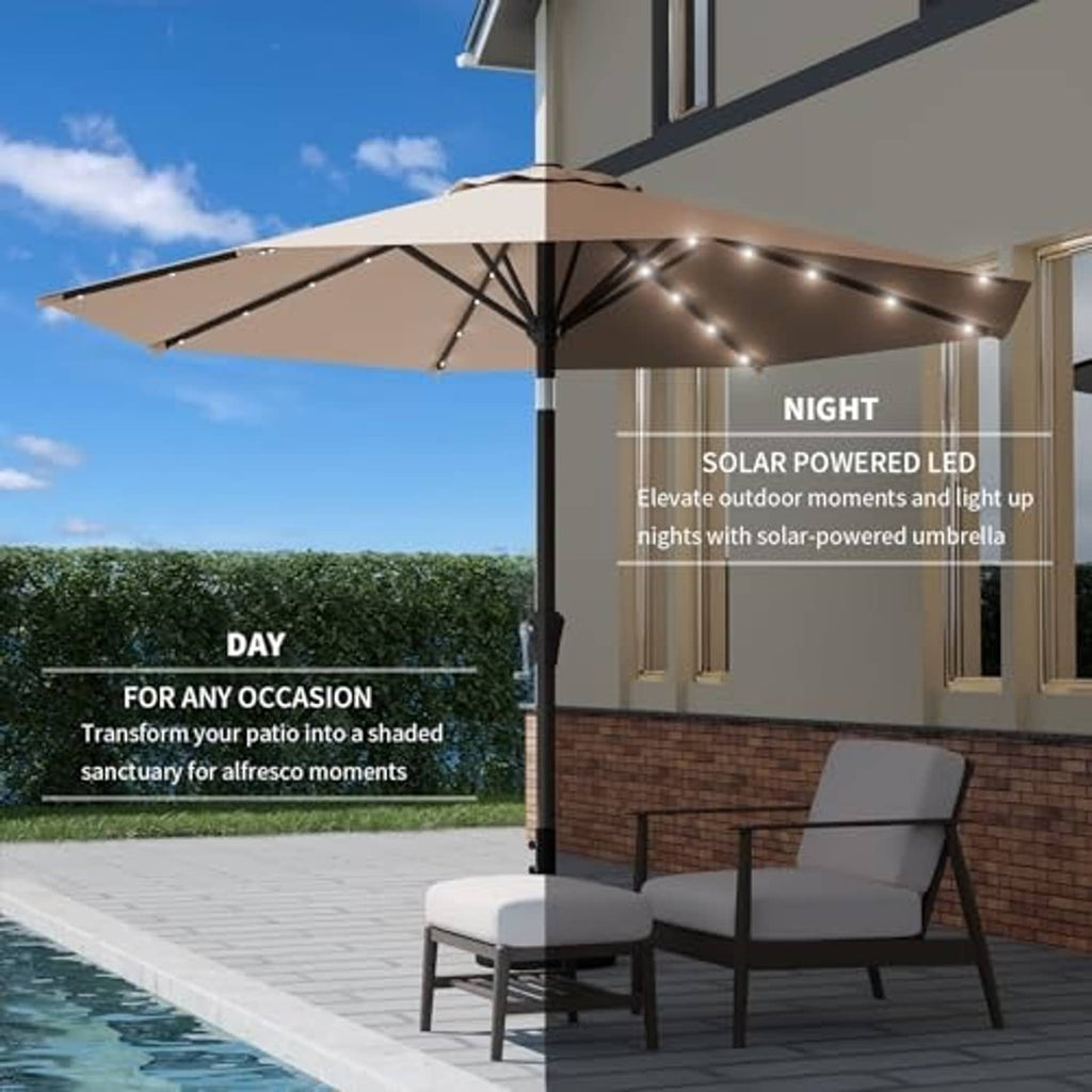 Beige patio umbrella with solar LED lights and black metal ribs