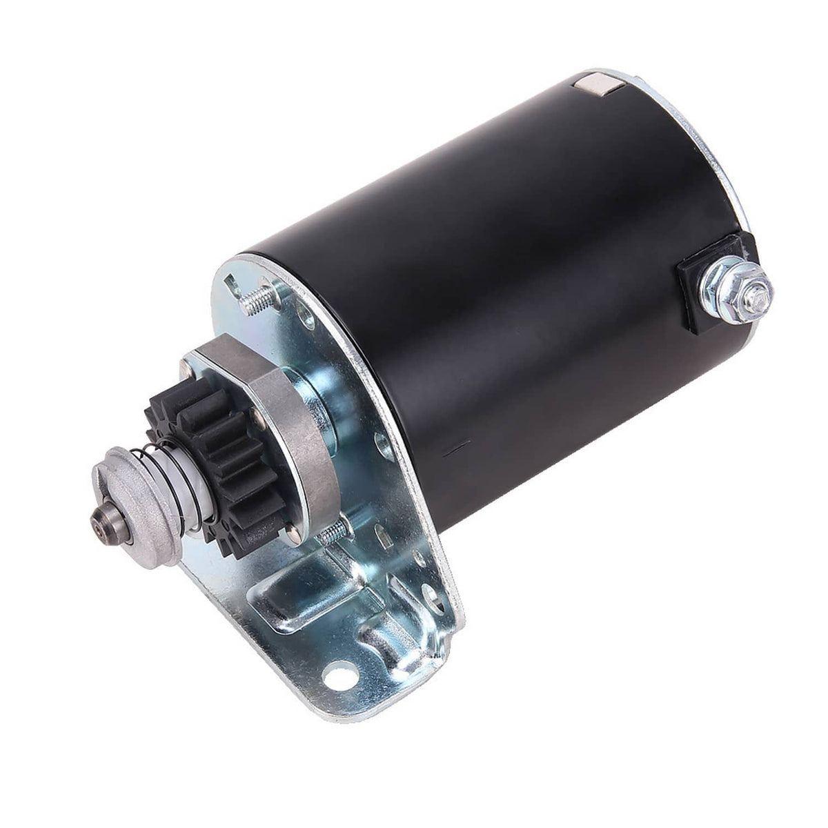 16-tooth starter motor with black cylinder, silver mounting bracket and pinion end