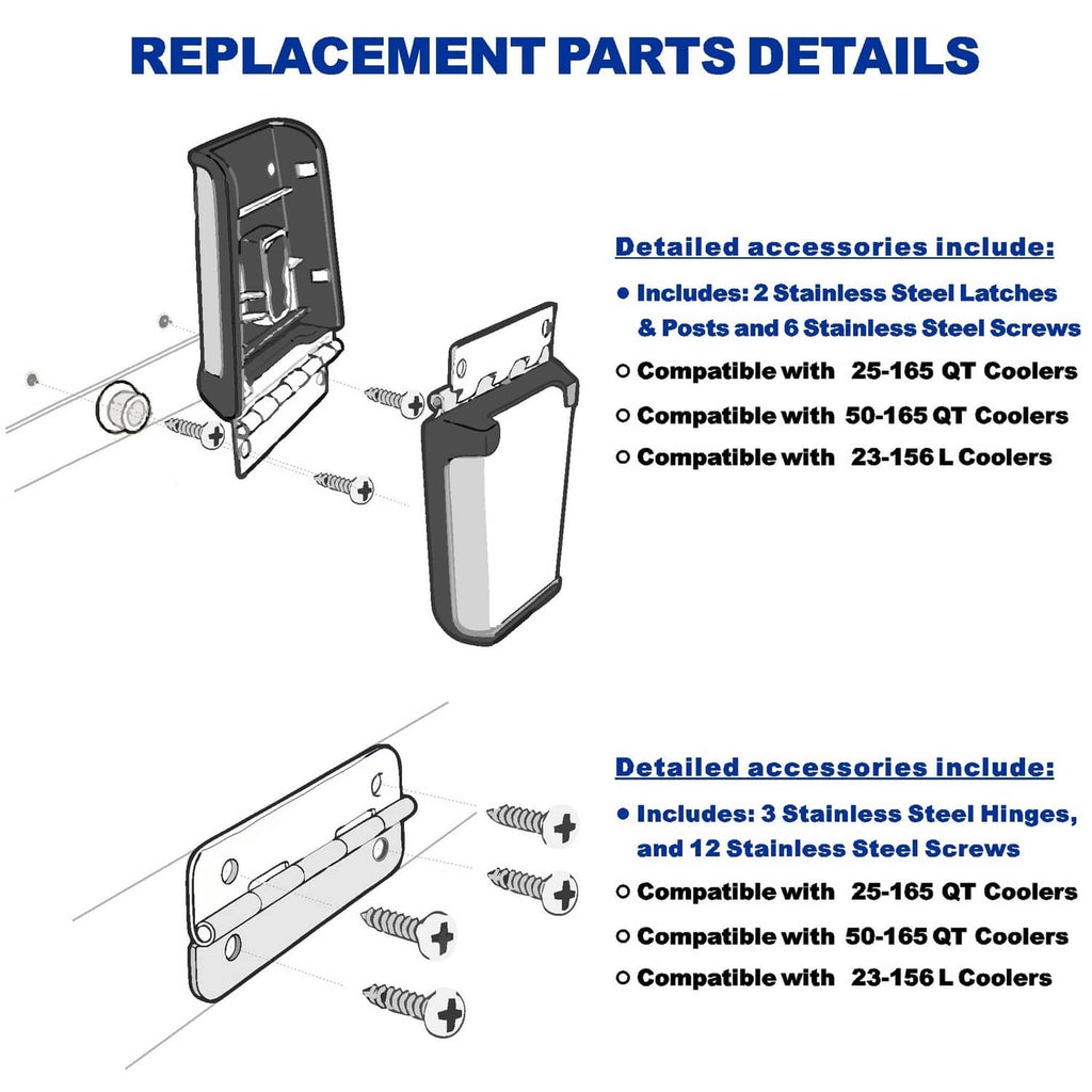 Stainless steel latch hinges with mounting hardware and screws for cooler replacement