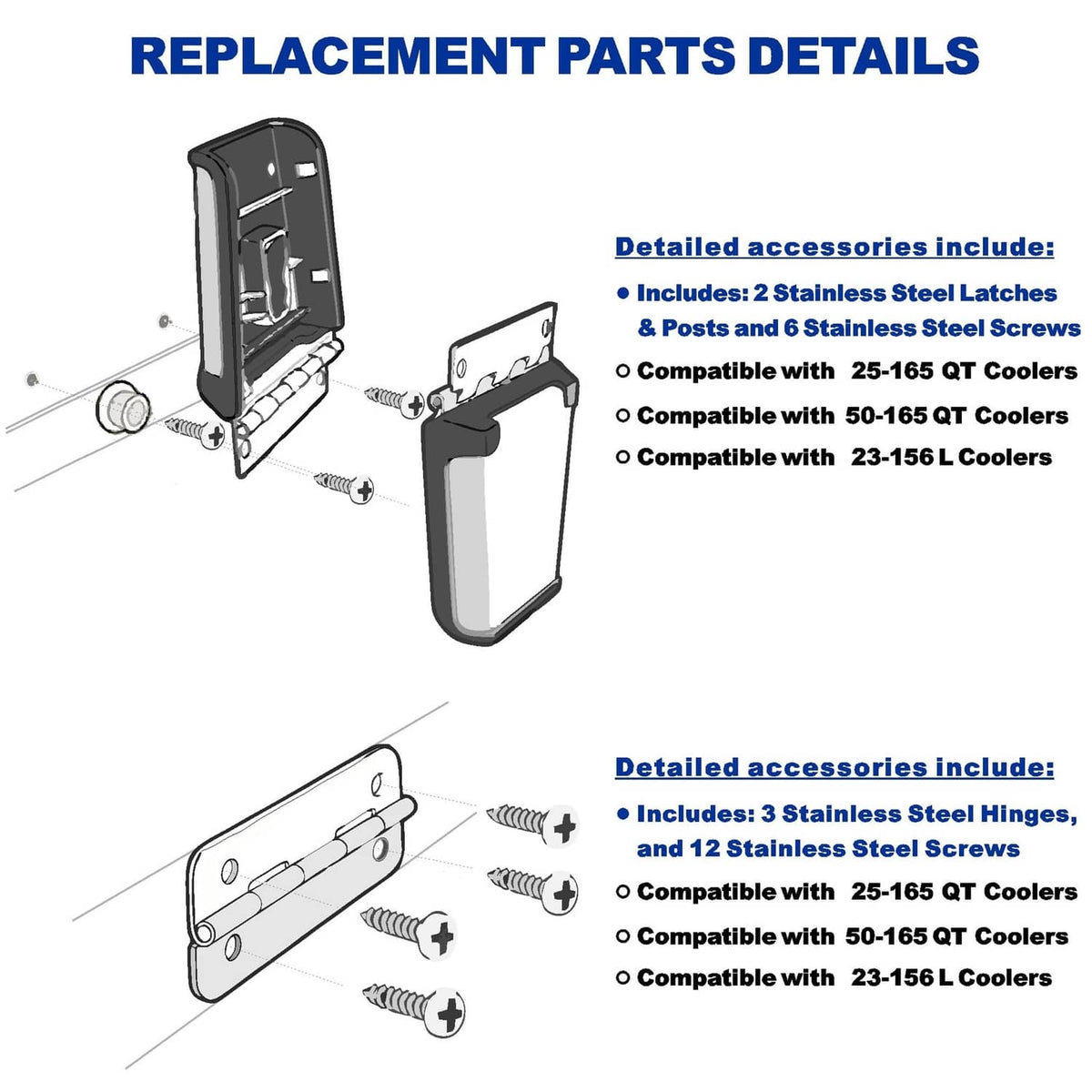 Stainless steel latch hinges with mounting hardware and screws for cooler replacement
