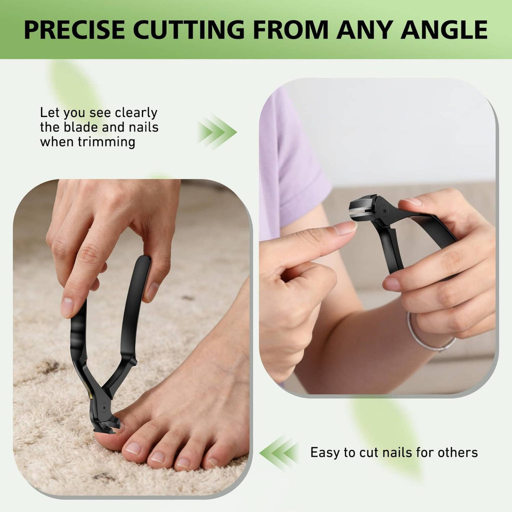 Black nail clipper trimming head with angled blade for precise nail cuts.