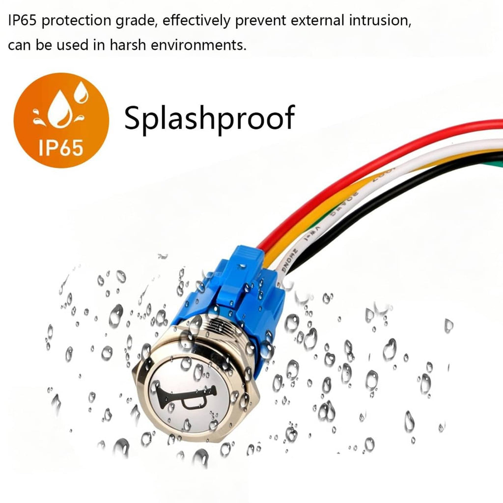IP65 splashproof momentary horn push button with blue connector and wiring leads