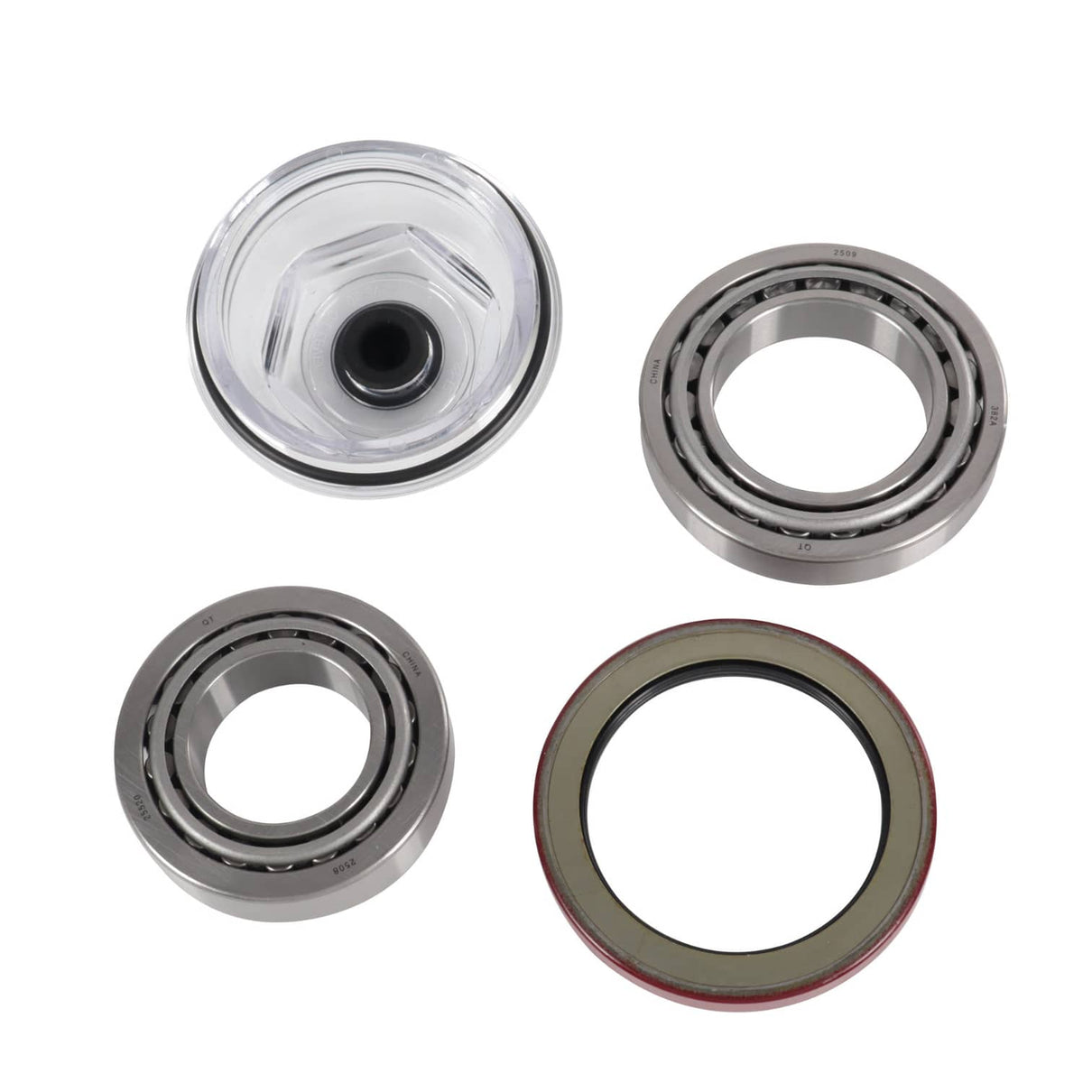 Trailer bearing kit with bearing set, grease seal, and clear oil cap