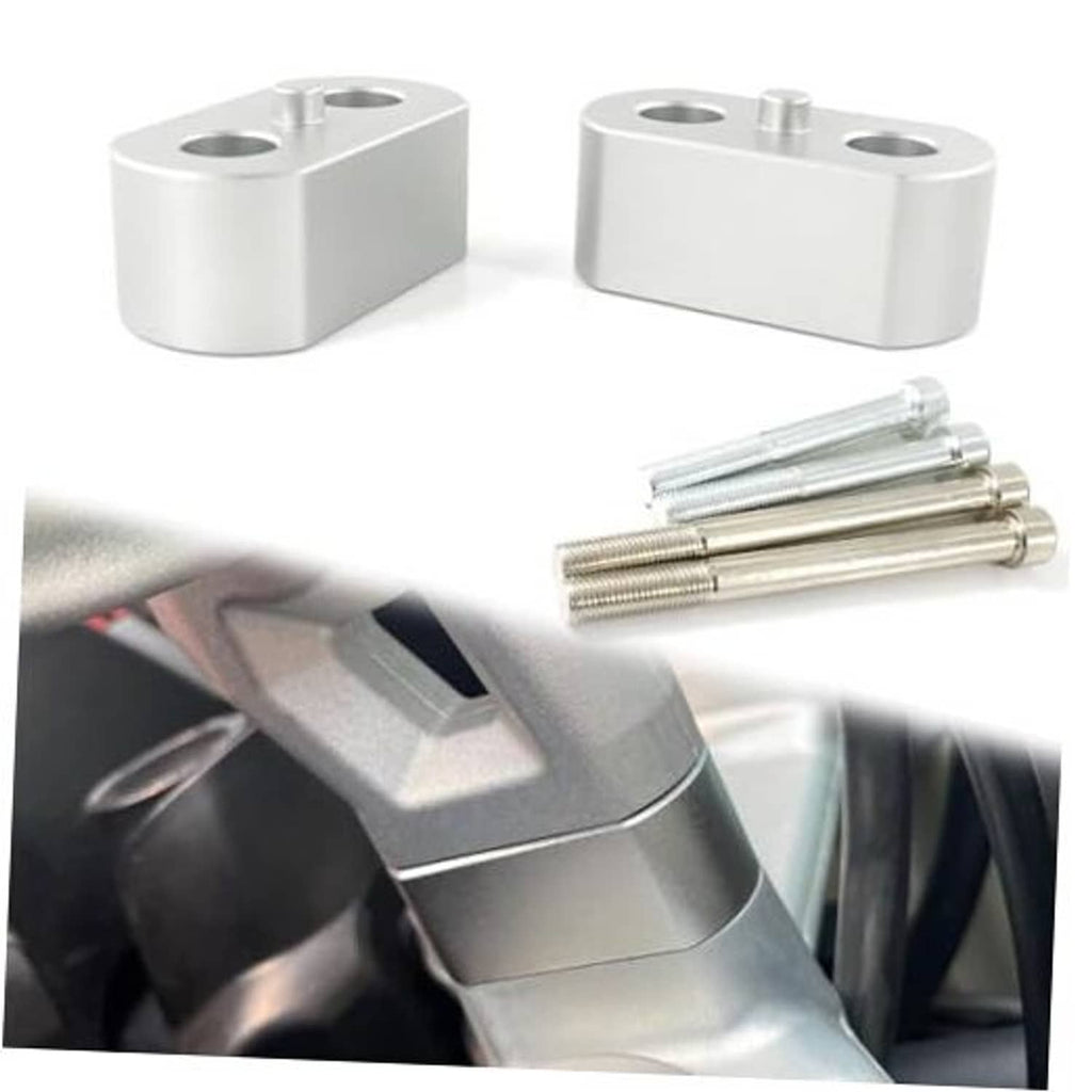 Silver motorcycle handlebar riser block pair with mounting screws kit