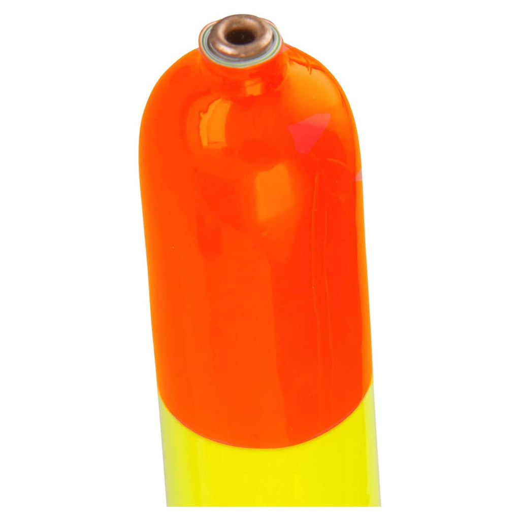 Orange buoy tip with yellow band on weighted pole float