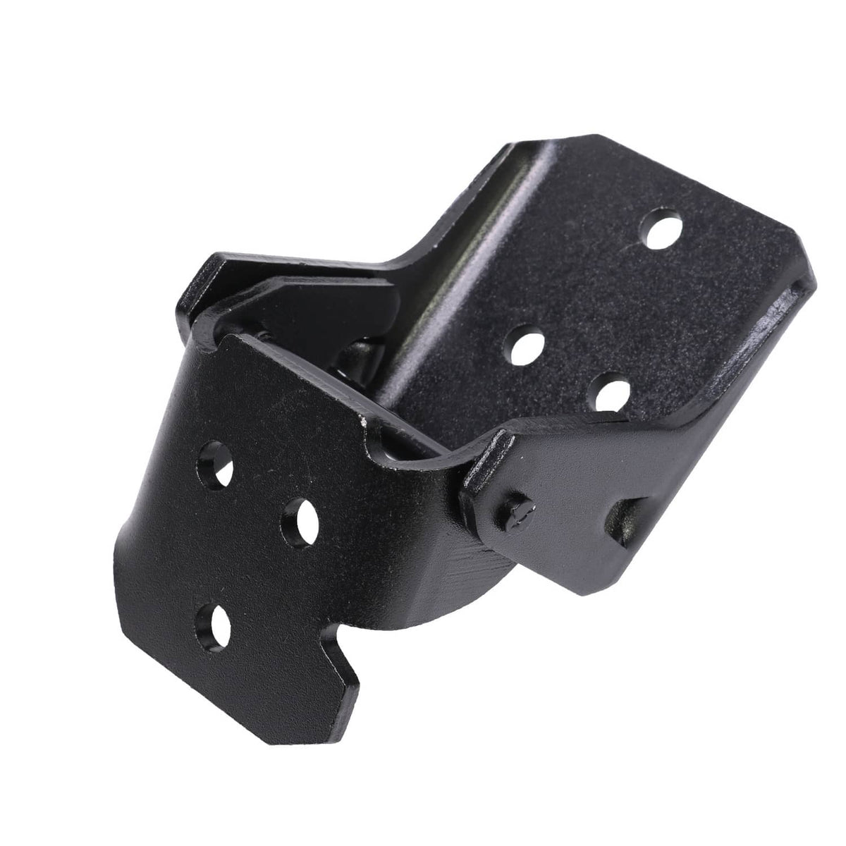 Black steel door hinge bracket with curved frame and mounting holes, driver side