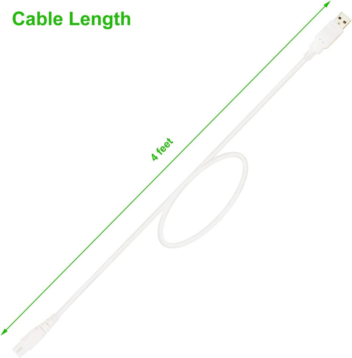 White USB cable with USB plug, length measurement arrow shown
