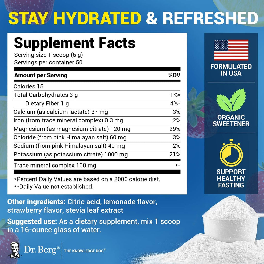 Electrolyte powder jar showing Supplement Facts panel and serving information.