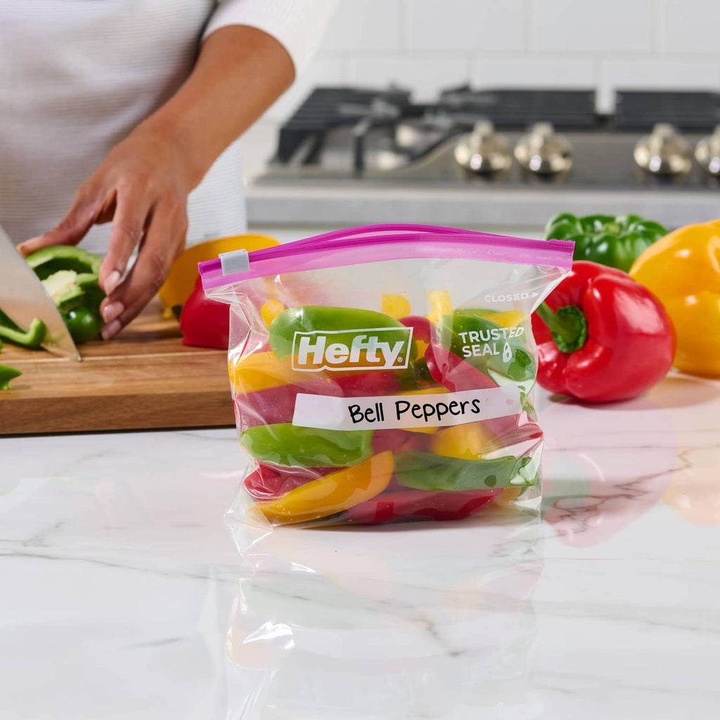 Clear quart slider storage bag labeled Bell Peppers, trusted seal and zip closure