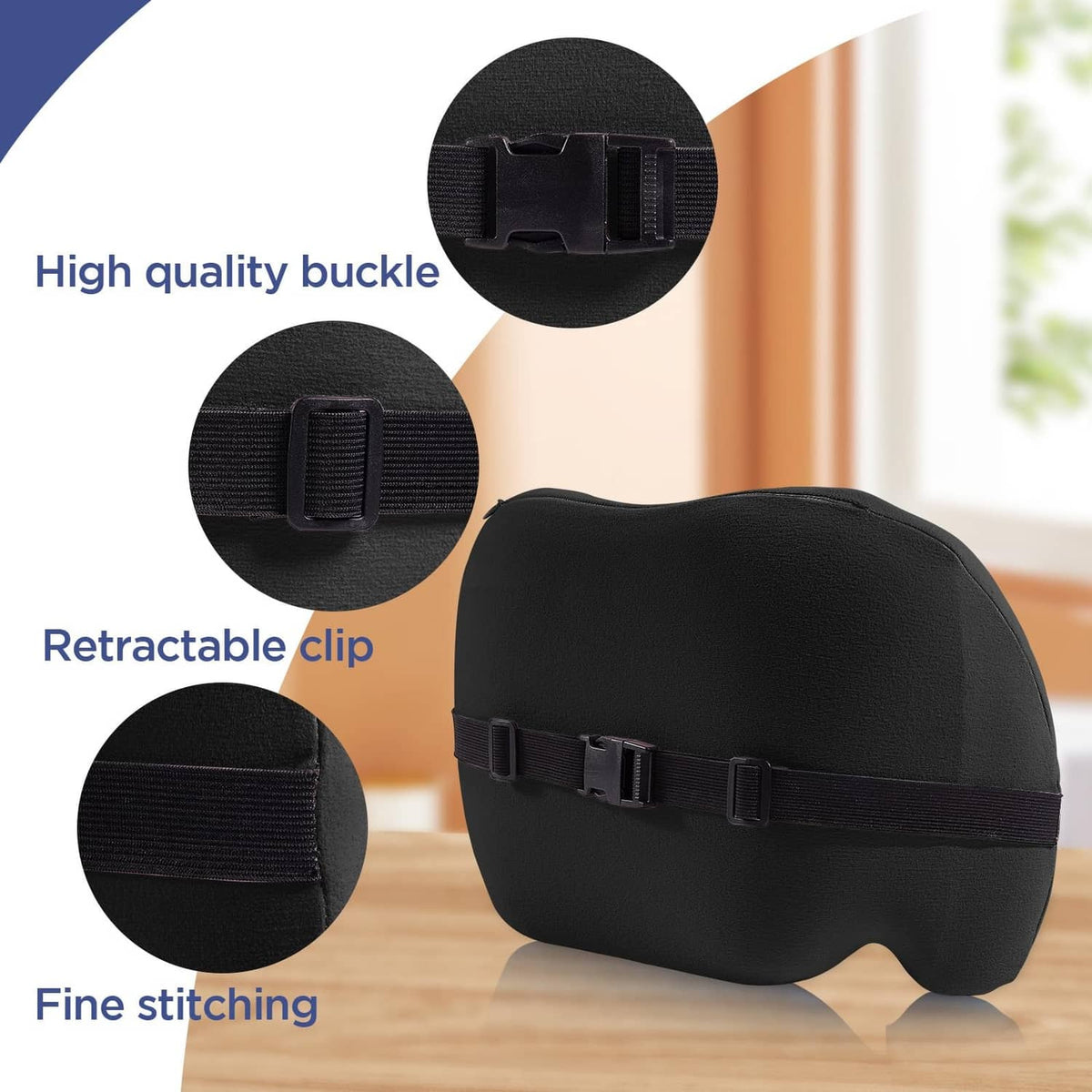 Black memory foam lumbar pillow with adjustable buckle and retractable clip