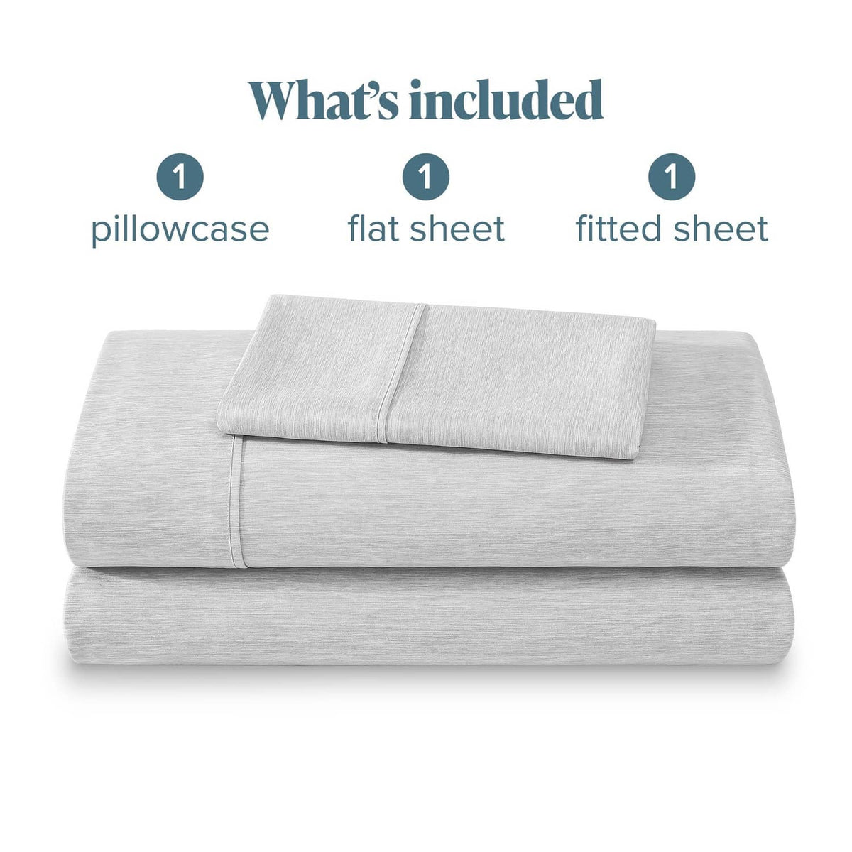 Twin sheet set bundle with folded pillowcase, flat sheet, and fitted sheet