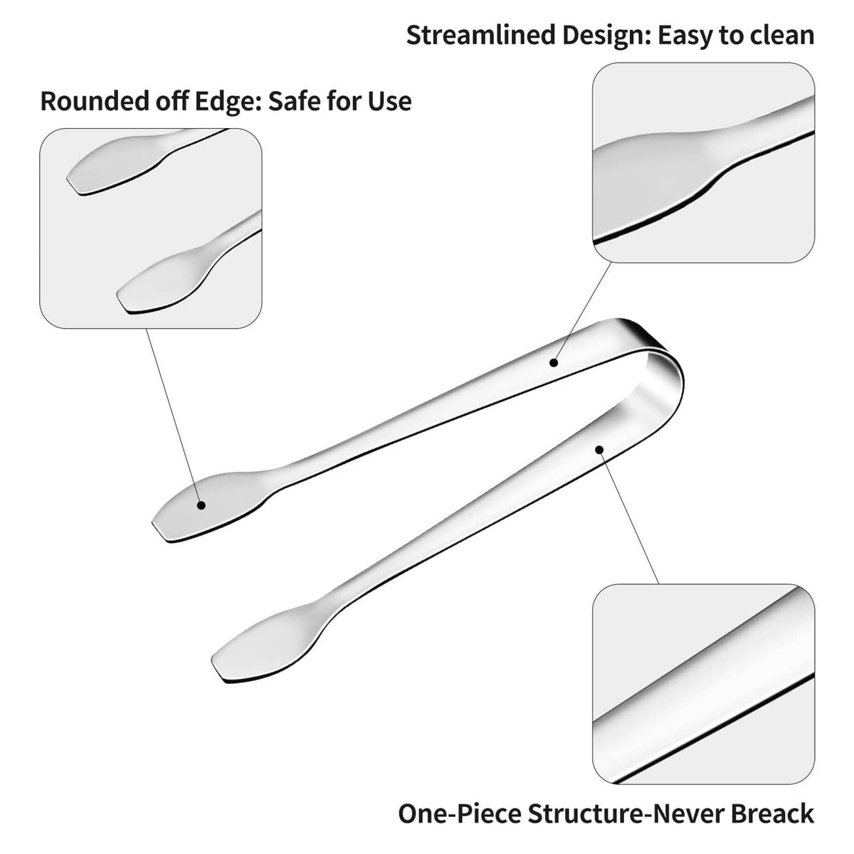 Stainless steel serving tong with smooth rounded edges and one-piece design