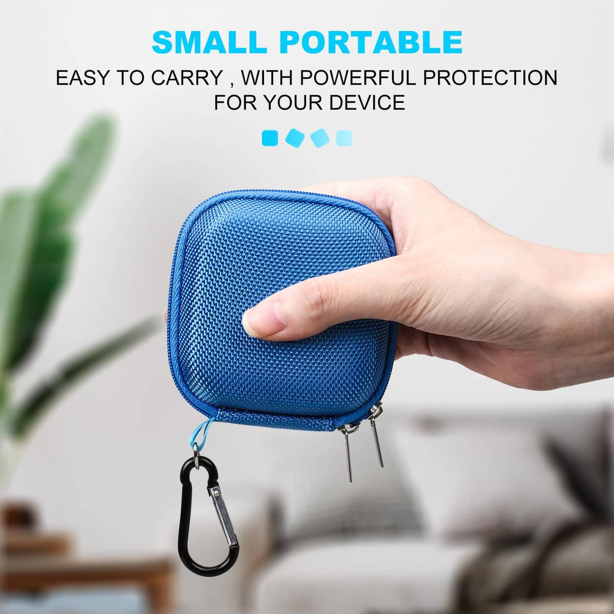 Blue portable SSD case with carabiner, compact size for easy carrying