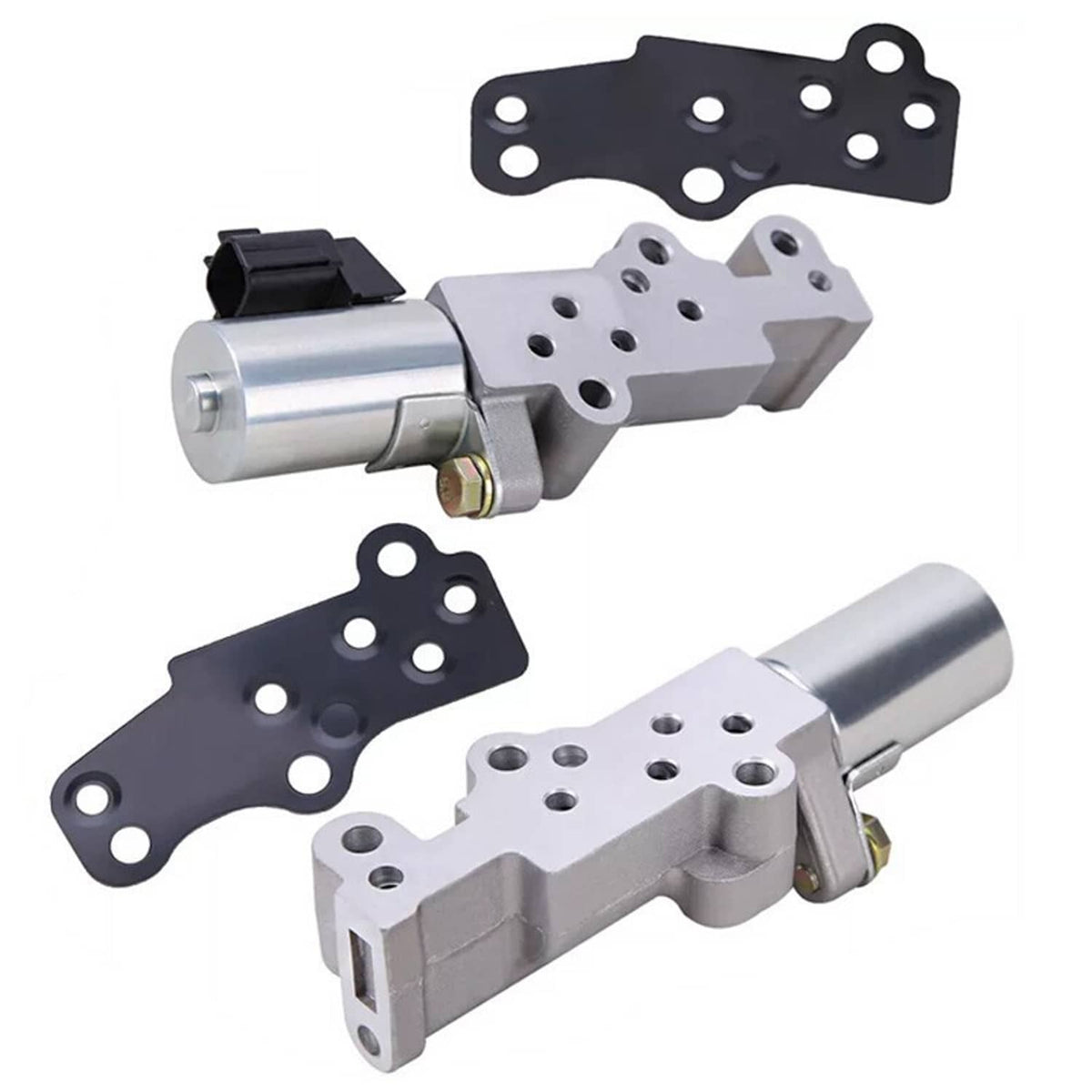 Variable timing solenoid pair with silver housings and black mounting plates