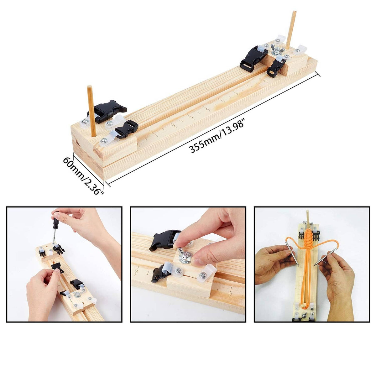 Wooden paracord bracelet jig with black clamps and two wooden guide pegs