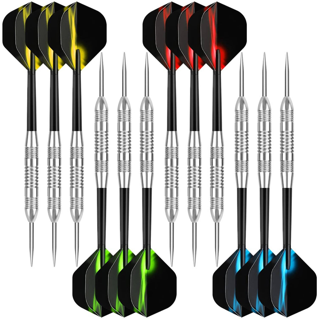 Full dart set with silver metal tips, black flights, and red, yellow, green, or blue flame designs