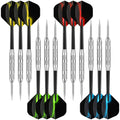 Full dart set with silver metal tips, black flights, and red, yellow, green, or blue flame designs