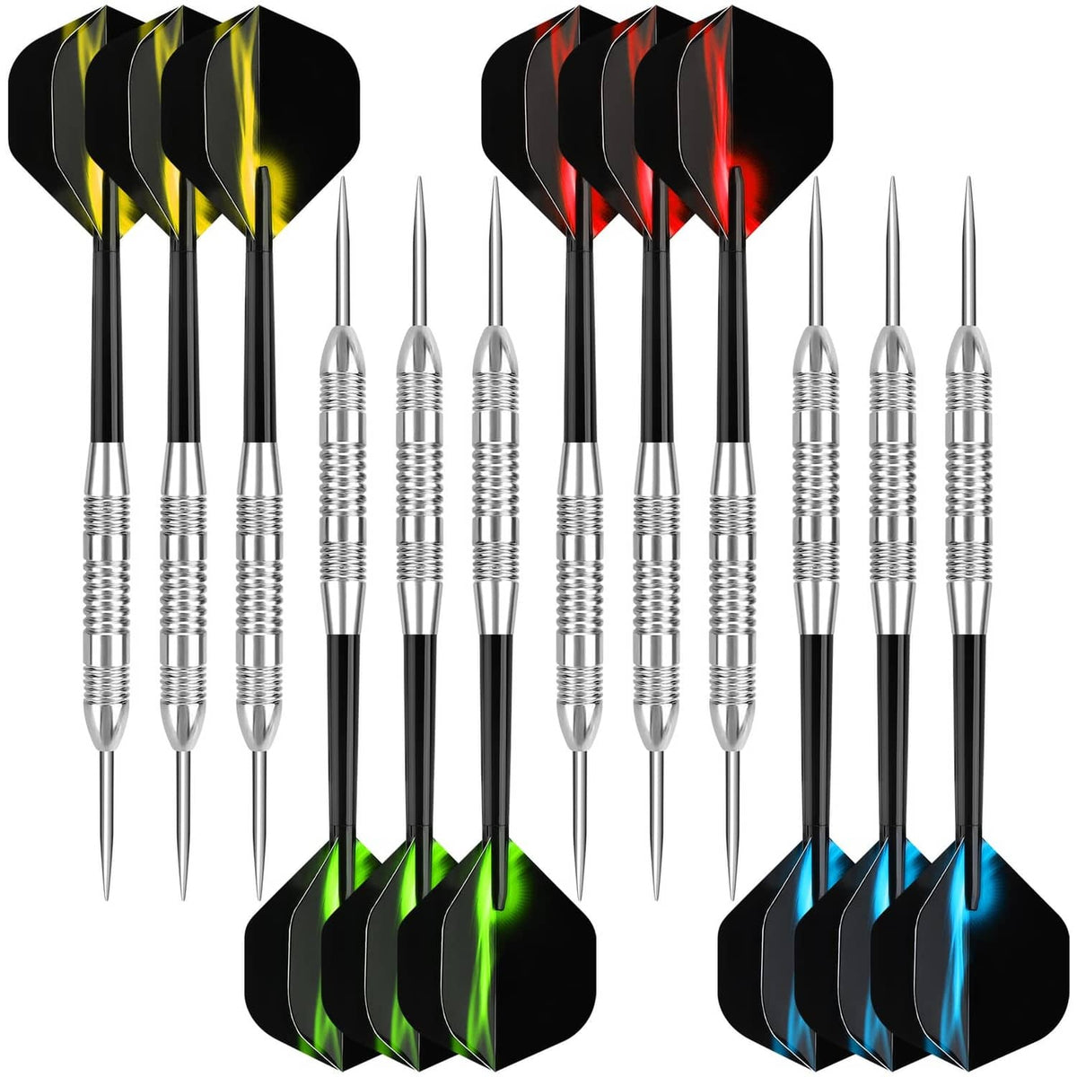 Full dart set with silver metal tips, black flights, and red, yellow, green, or blue flame designs