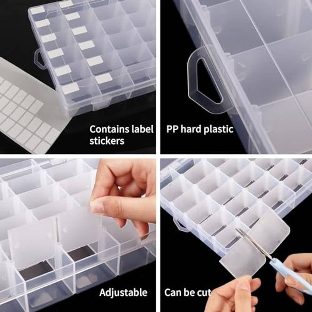 Transparent adjustable divider system with snap-in grid cells for sorting small beads.
