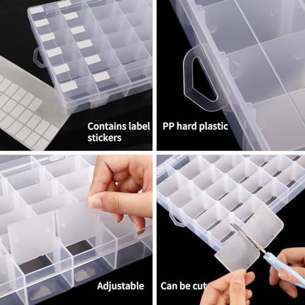 Transparent adjustable divider system with snap-in grid cells for sorting small beads.