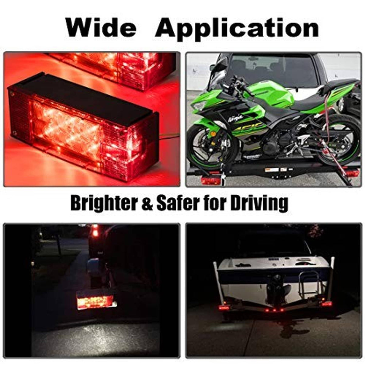 Red rectangular LED trailer light with bright red illumination and clear lens window