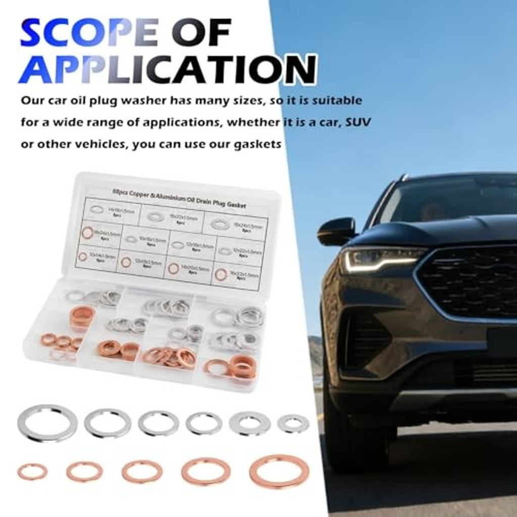 Oil drain plug gasket washer kit display with copper and silver washers and labeled case