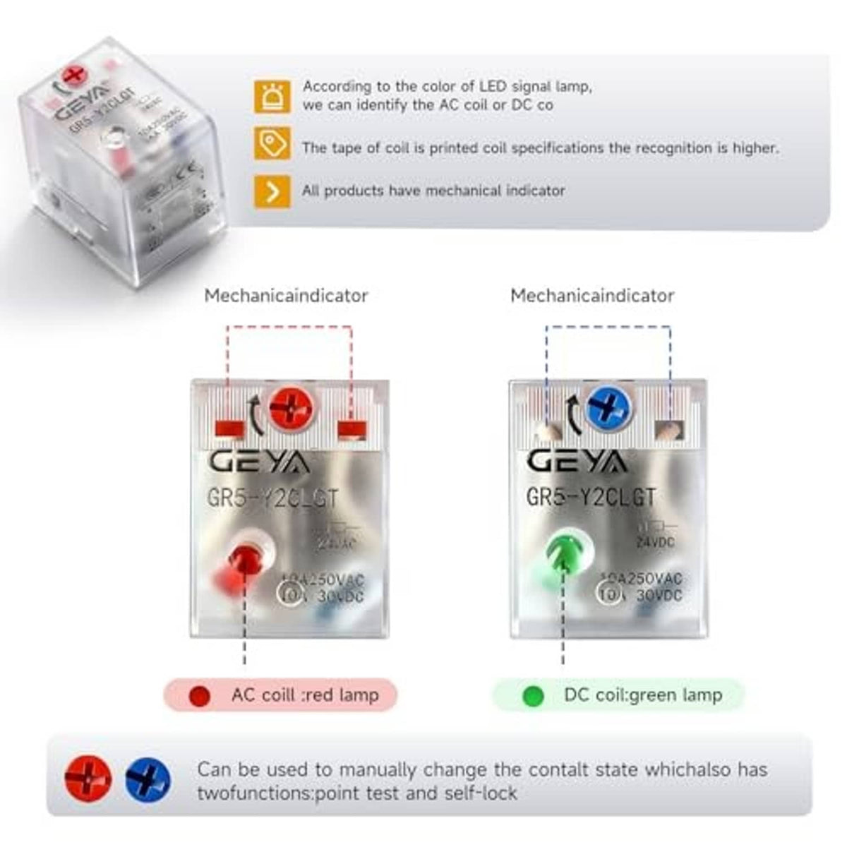 Clear relay module with mechanical indicator showing red and green coil lamp states