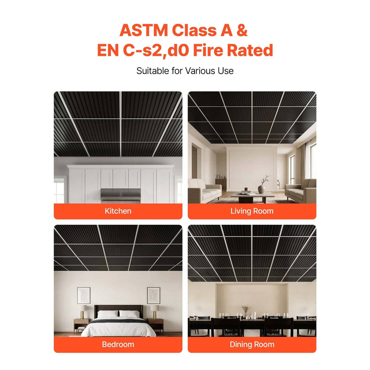 Black linear ridged ceiling tiles shown in kitchen and living room scenes